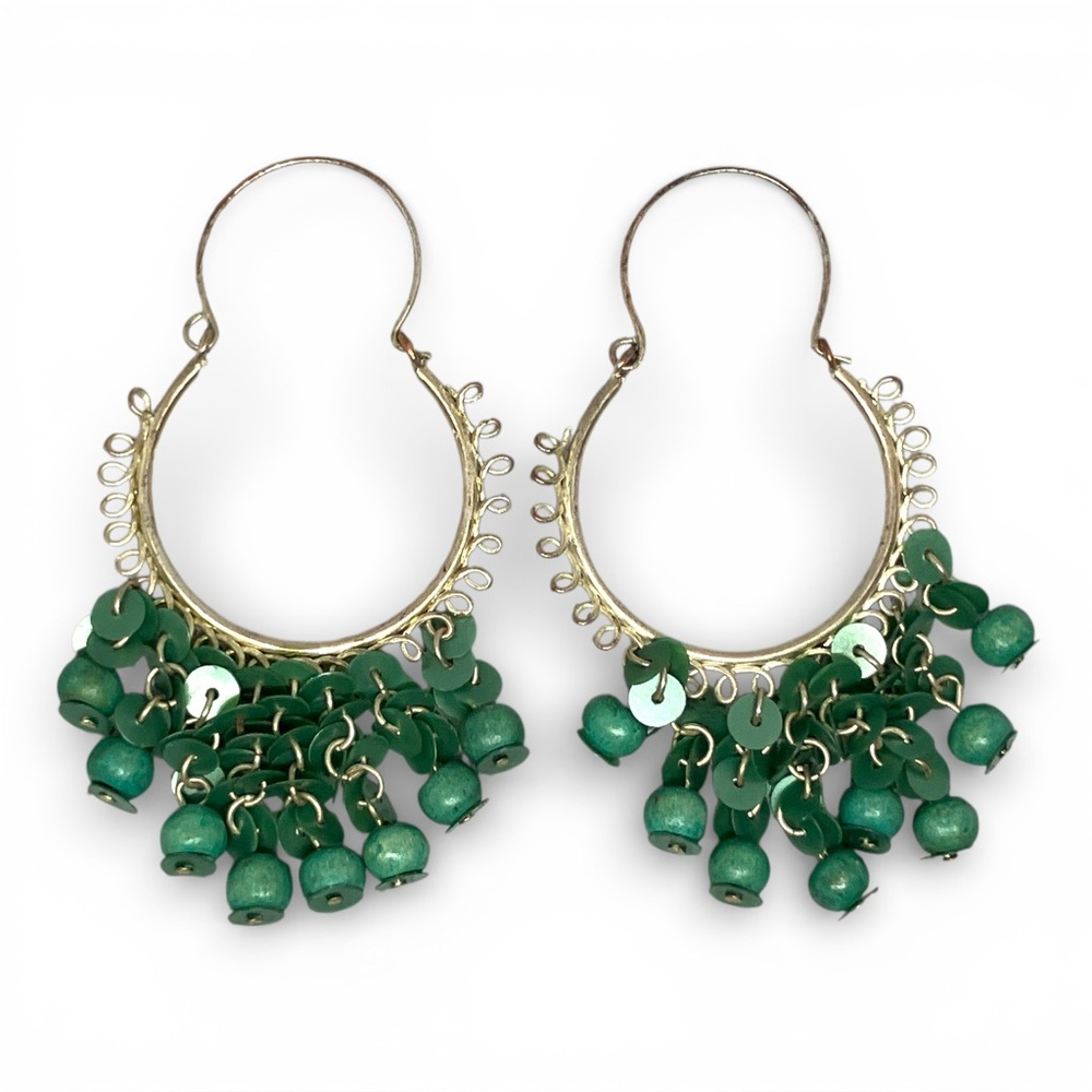 Green Hoop Earrings • Silver Tone and Green Beads & Sequins • Boho Artisan Style